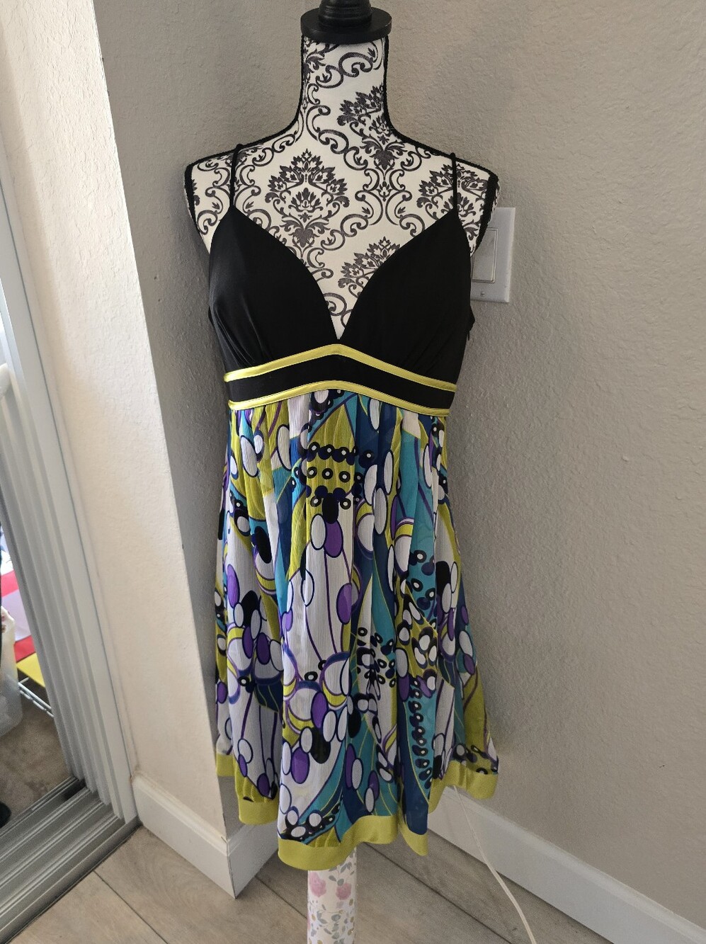 S.L. Fashions Black Bodice Multicolor Floral-Print Mini Dress with Yellow Trim